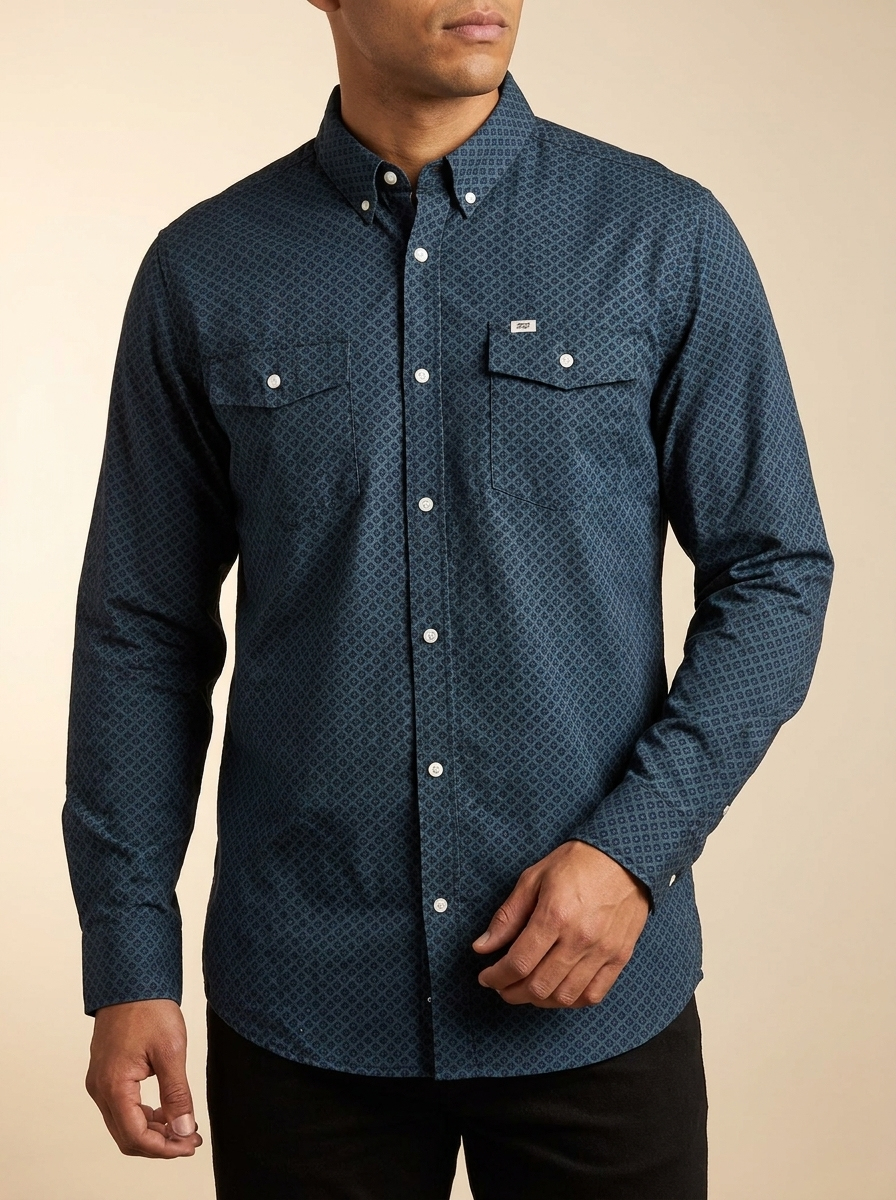 Navy Diamond Geometric Print Long Sleeve Western Shirt #FPL1002348