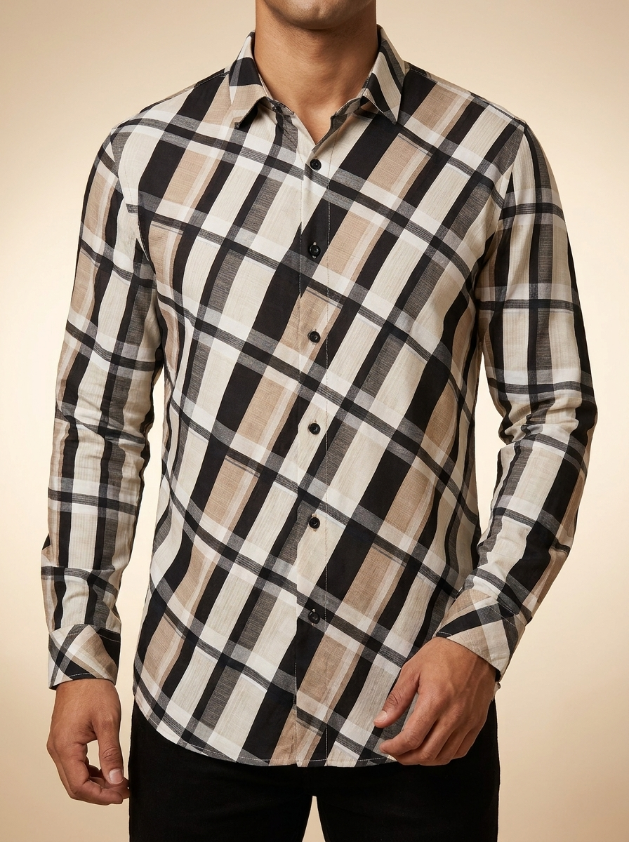 Modern Plaid Western Button-Down Shirt in Khaki and Black #ELS110