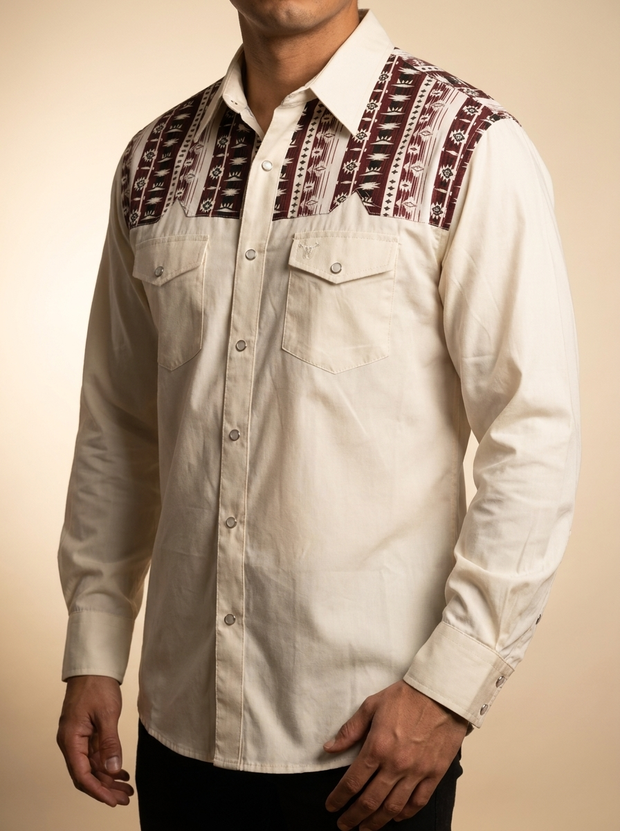 Men’s Cream Western Snap Shirt with Aztec Print Yoke MSP1