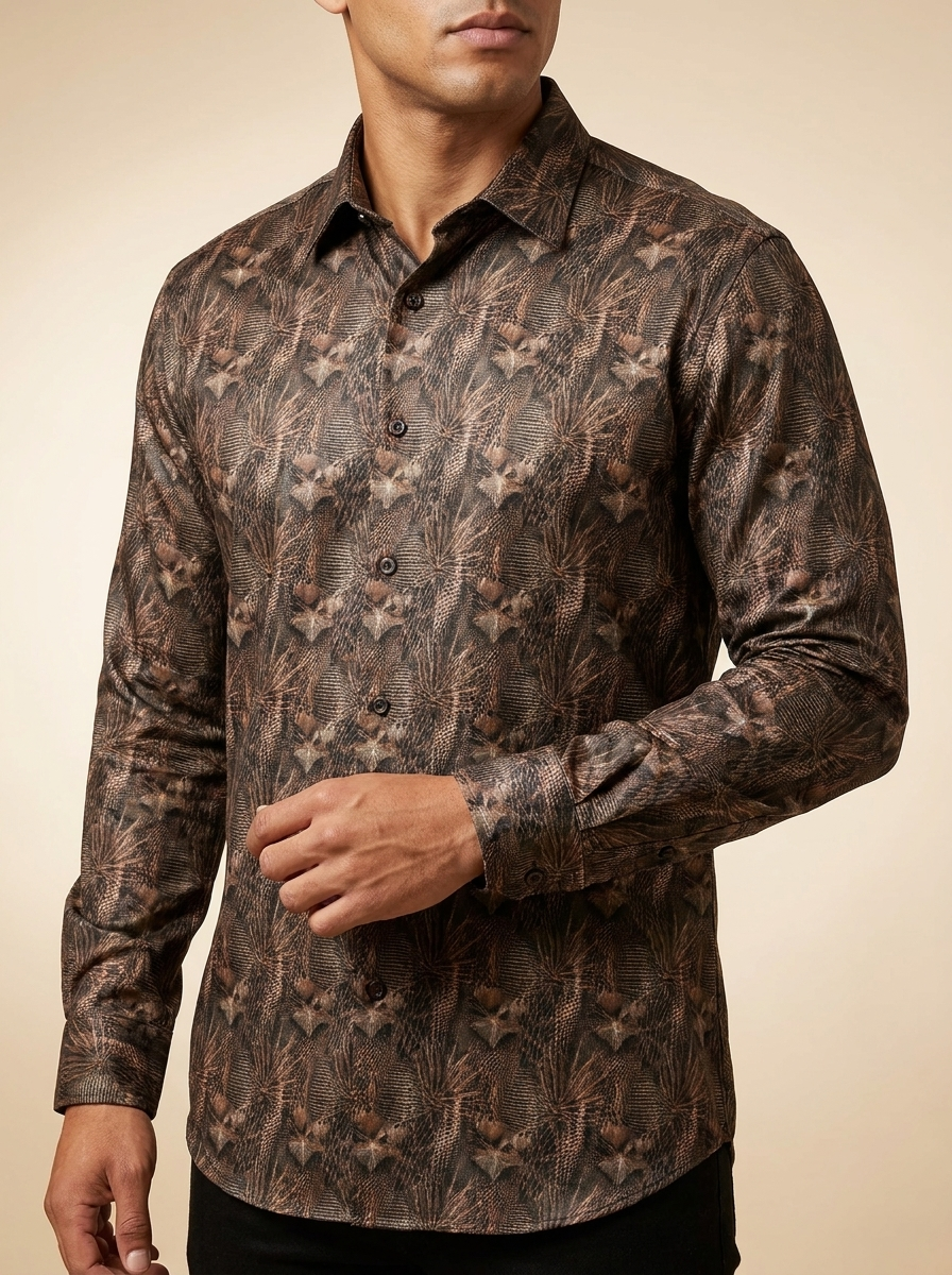Men's Brown Exotic Abstract Print Western Dress Shirt#LAM2020
