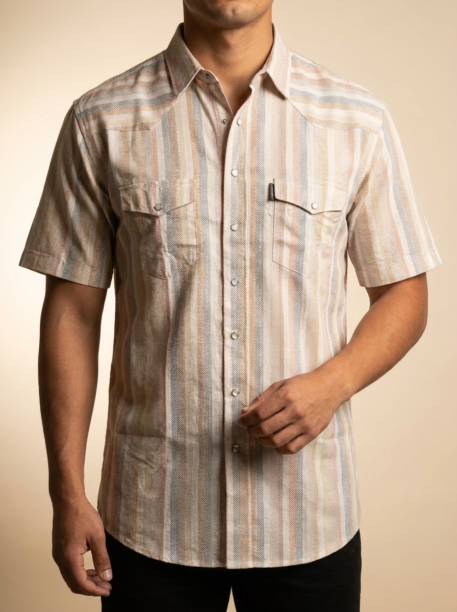 Short Sleeve Western Snap Shirt in Cream Stripe #HT1861CRST