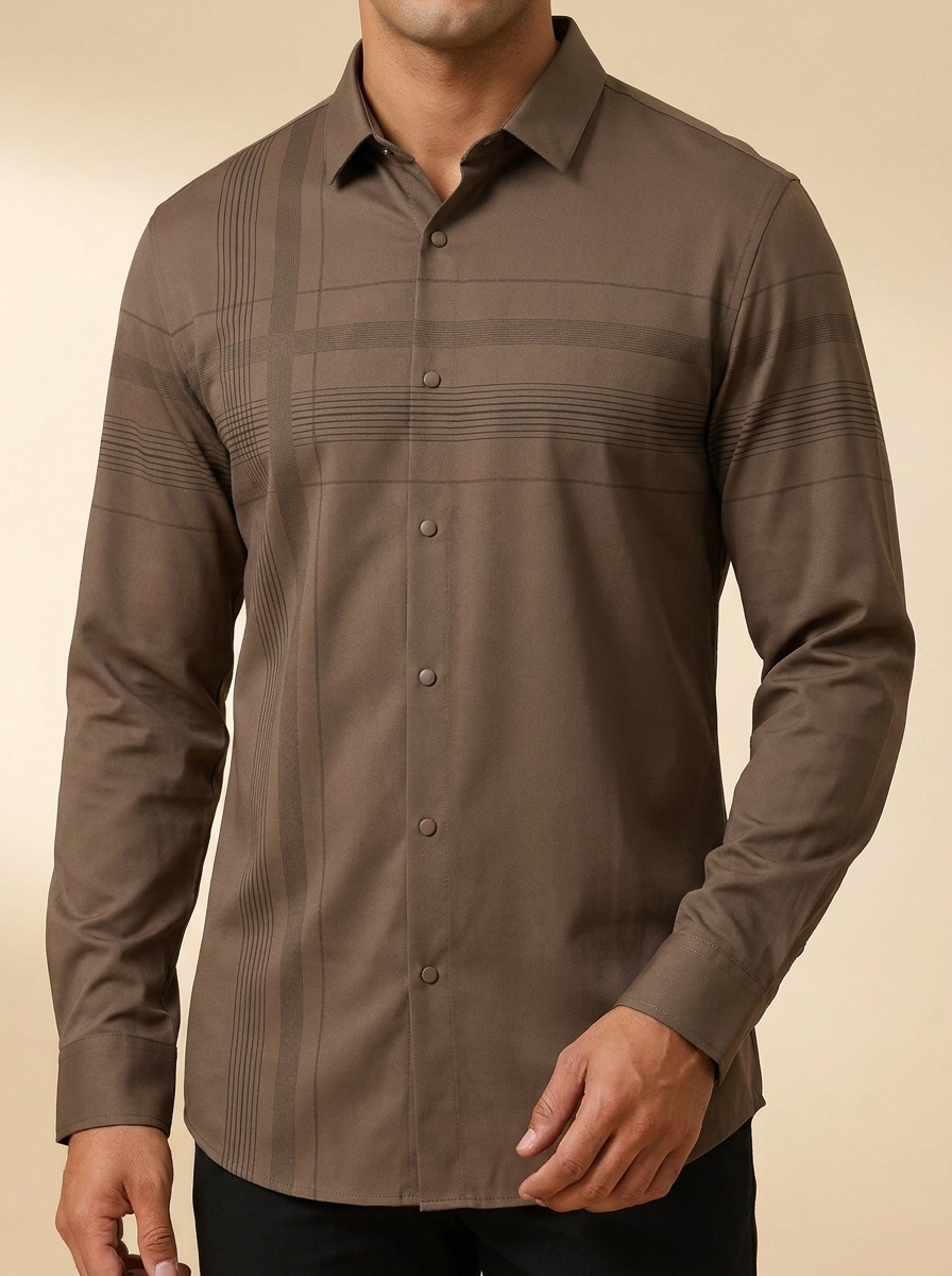Modern Earth-Tone Snap Western Shirt with Geometric Line Print #B331