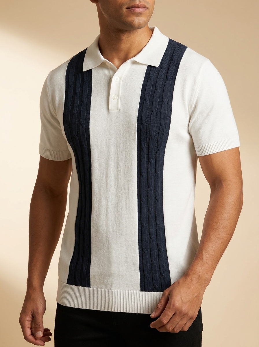 Vintage-Inspired Cable Knit Short Sleeve Polo with Contrast Racing Stripes #PS596