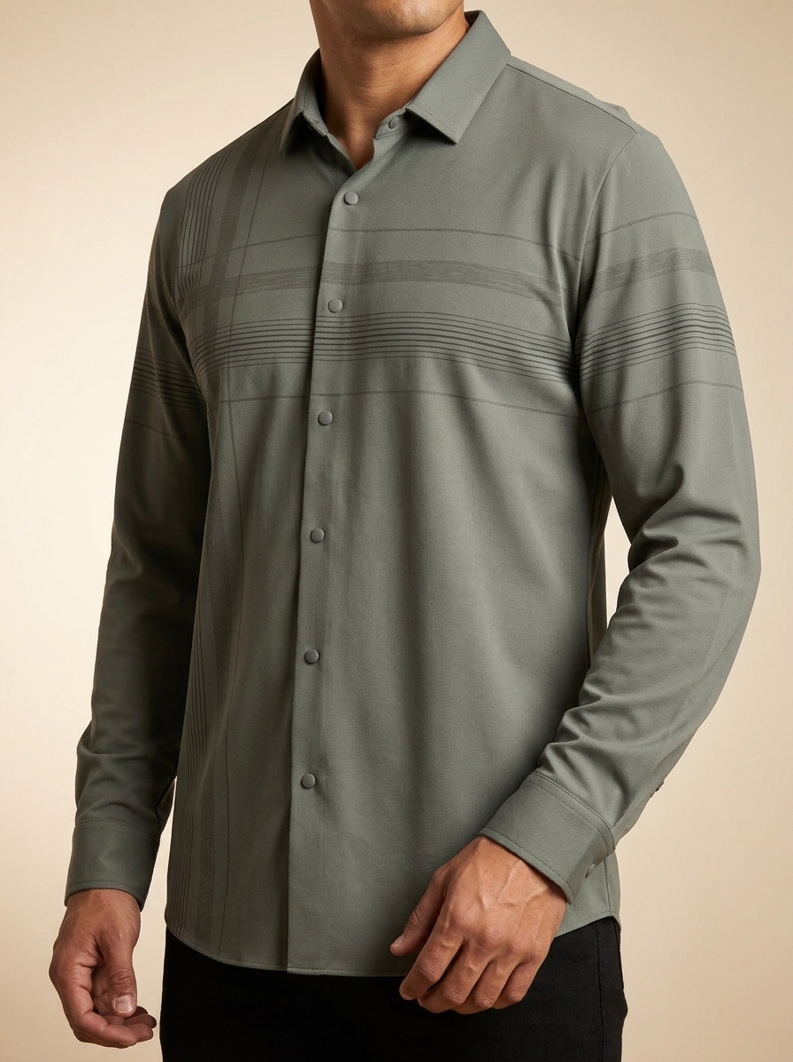 Modern Earth-Tone Snap Western Shirt with Geometric Line Print #B331