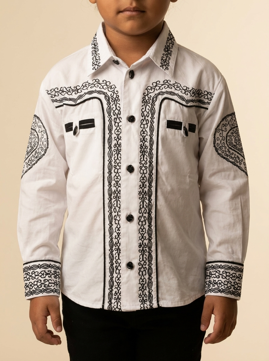 Kid White Western Gala Shirt with Intricate Embroidery#K009