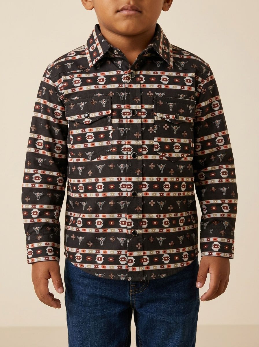 Kid's Southwestern Print Western Snap Shirt with Long Sleeves #239