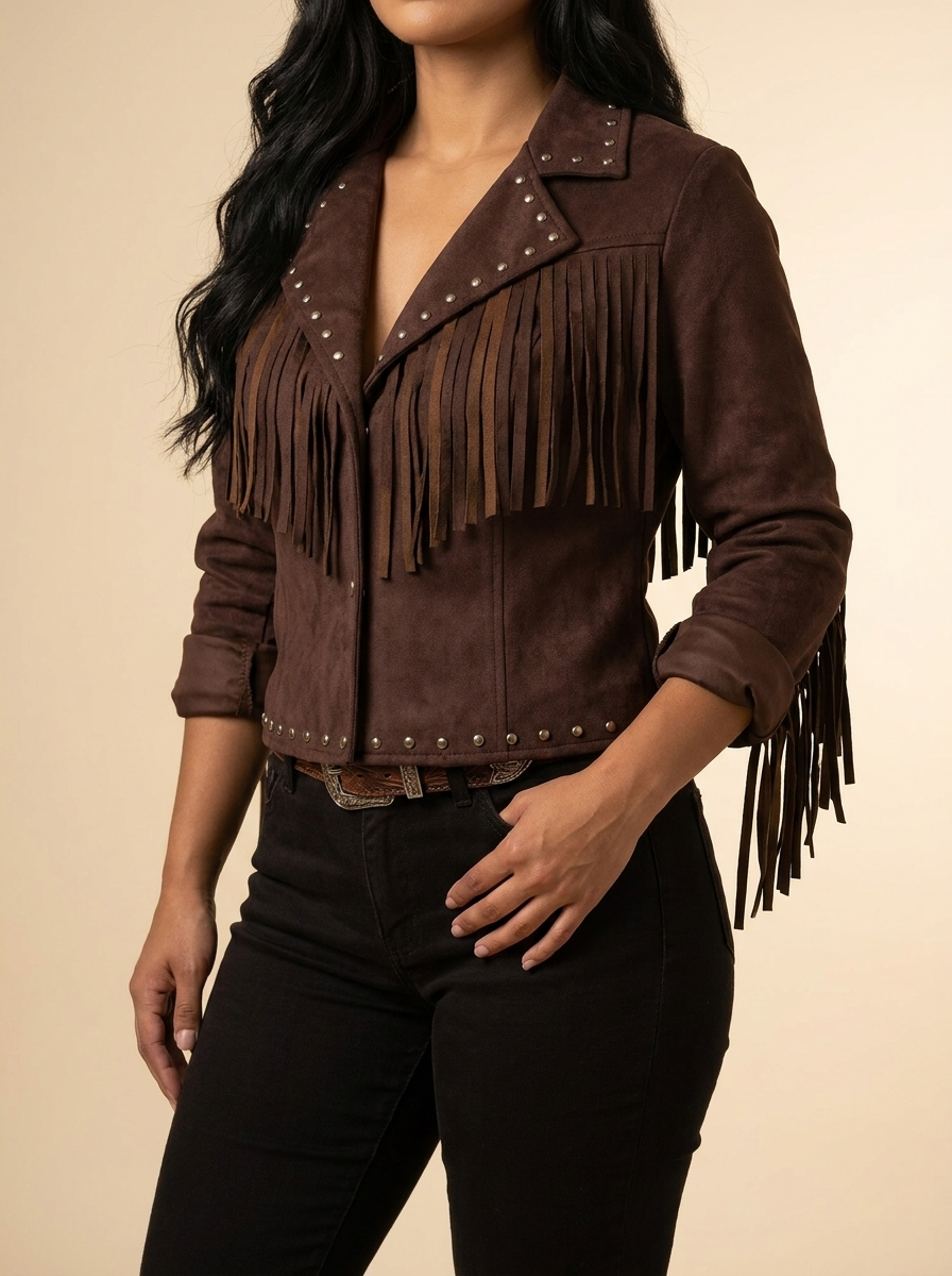 Women's Suede Fringed Western Jacket with Studded Accents #W29