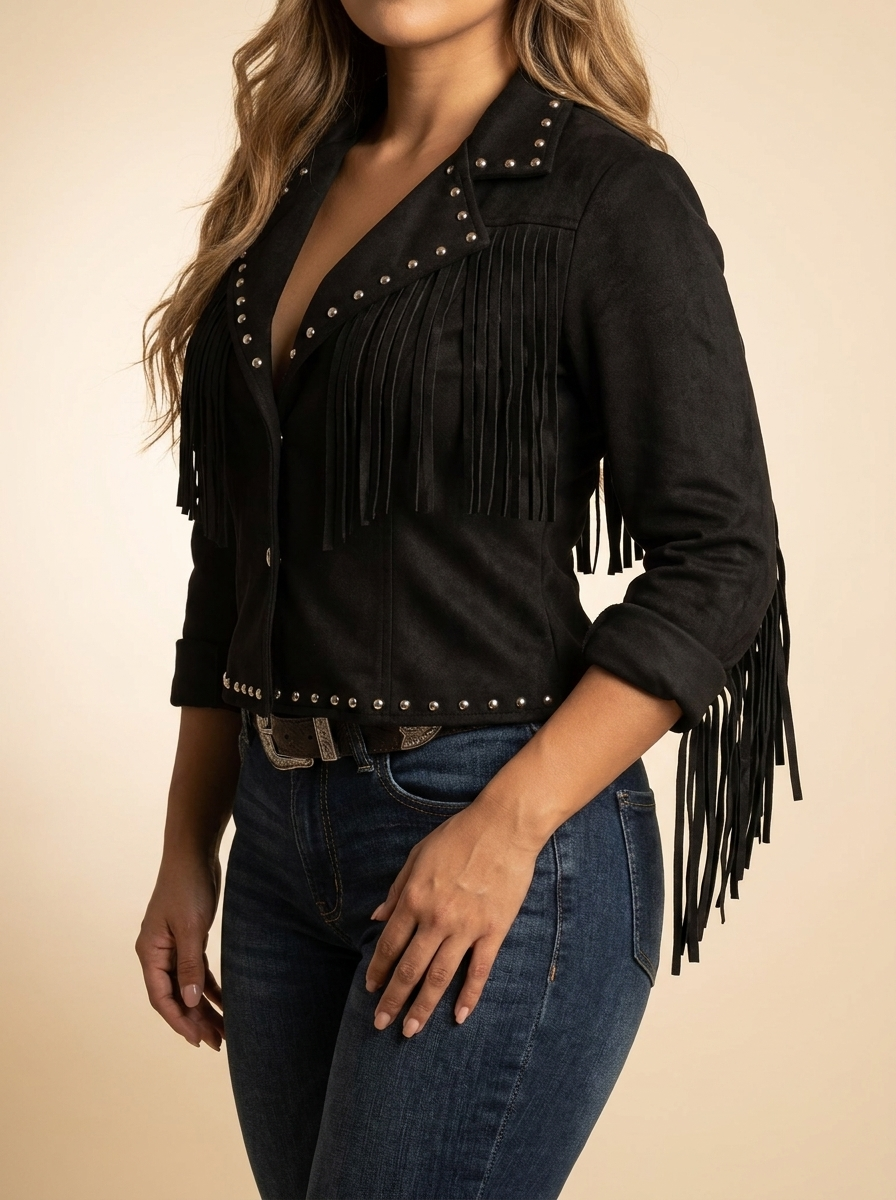 Women's Suede Fringed Western Jacket with Studded Accents #W29