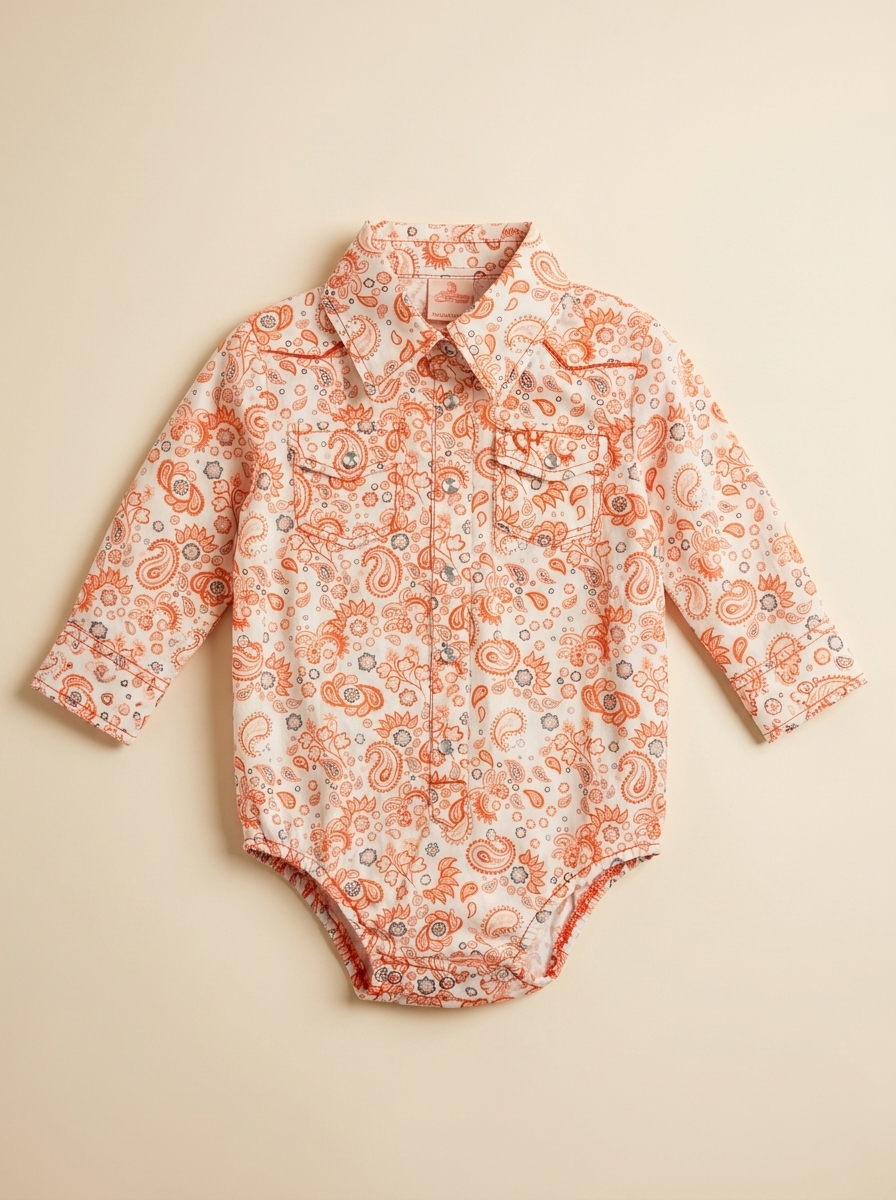 Infant Western Paisley Print Snap-Front Romper in Coral and White