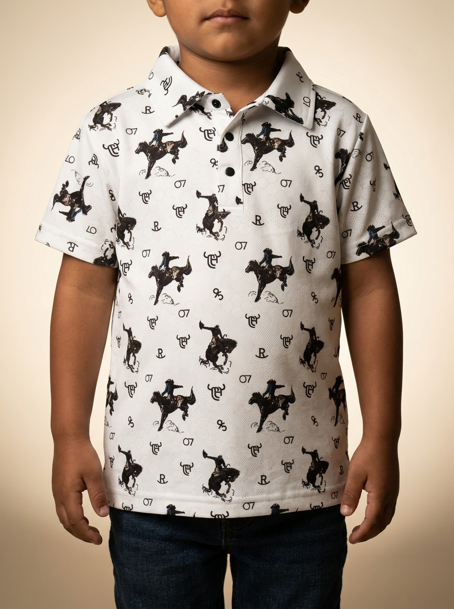 Youth White Vintage Bronc Print Western Polo #334160-020-K