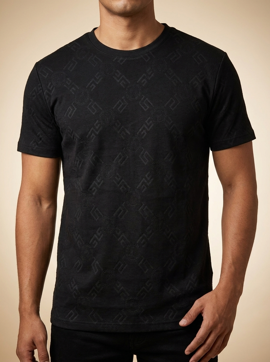 Embossed Geometric Monogram Black Crewneck T-Shirt #ETS01