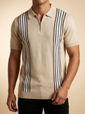 Vintage-Style Vertical Stripe Knit Zip Polo #PSS612