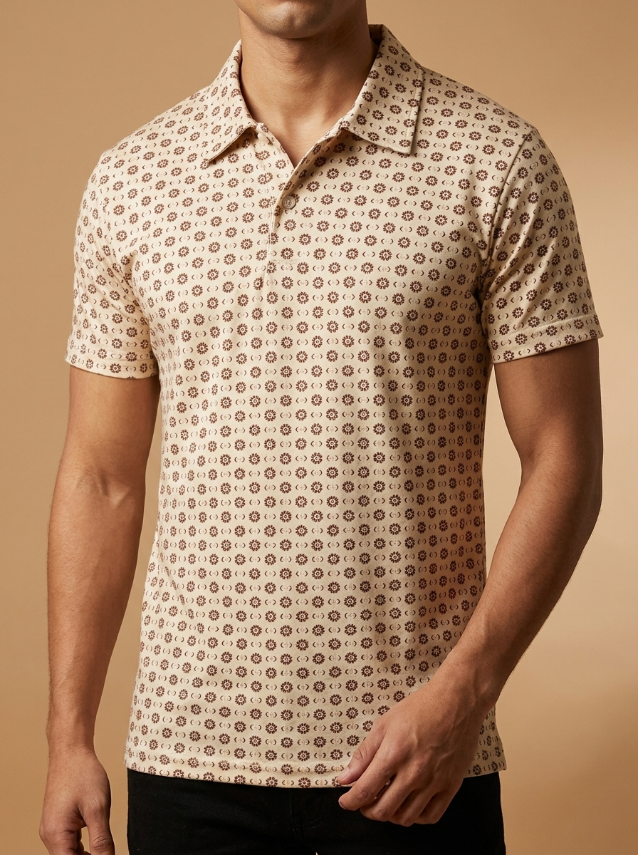 Floral Medallion Print Short Sleeve Western Polo Shirt #MTH2
