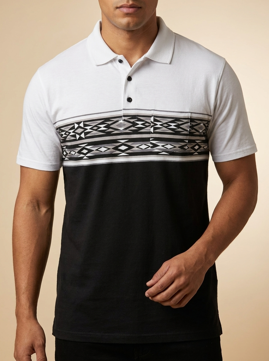 Geometric Aztec Print Color block Polo Shirt #HP2603BKGY