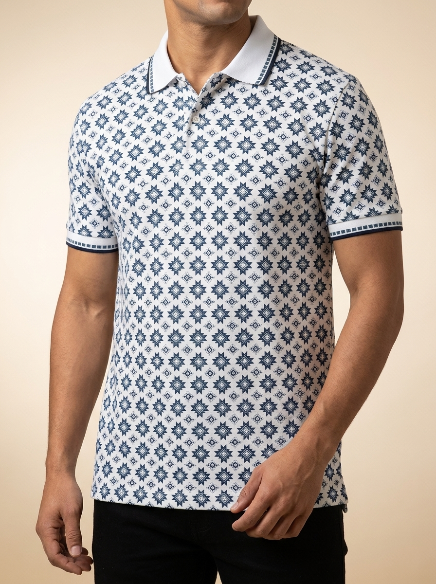 Geometric Southwest Print Polo Shirt with Contrast Trim #LAM28225
