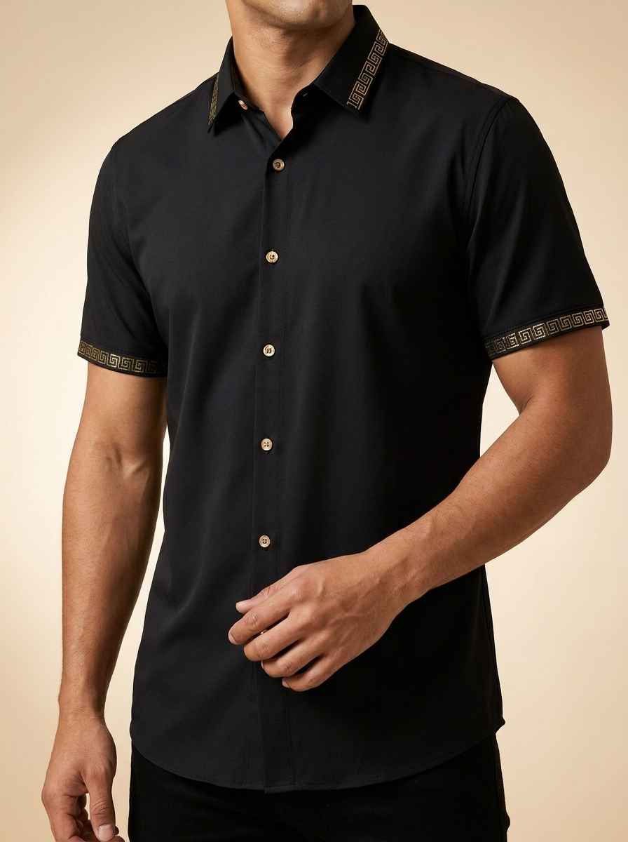 Men's Black Short Sleeve Shirt with Gold Greek Key Embroidery #B304