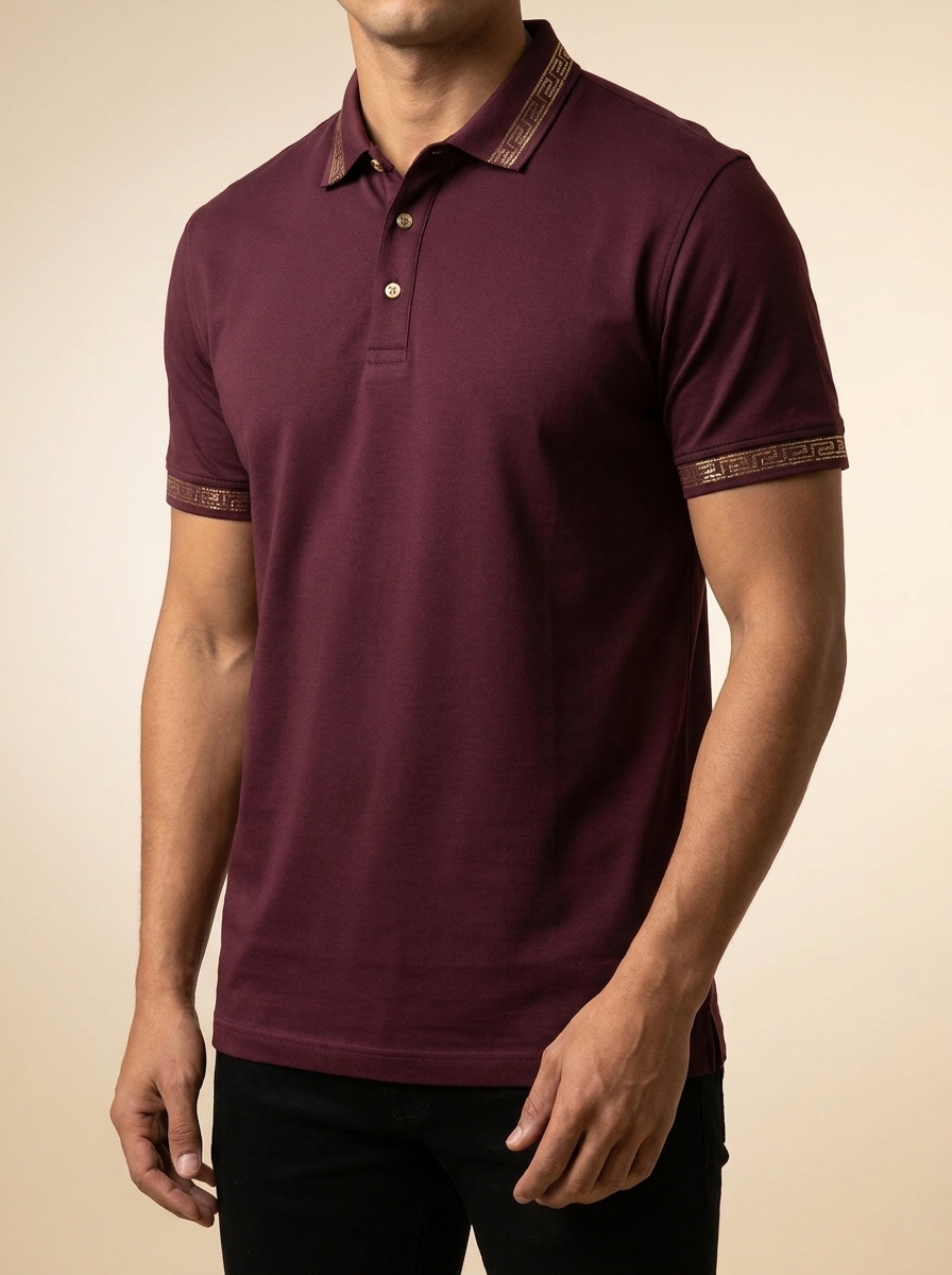 Burgundy Short Sleeve Polo with Greek Key Embroidery #PS527