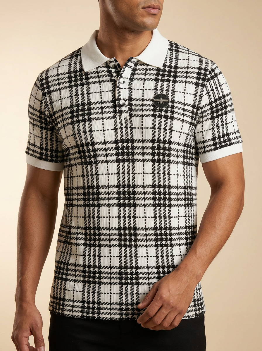 Modern Plaid Short-Sleeve Polo with Graphic Chest Emblem #5PO1
