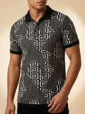 Geometric Greek Key Pattern Men's Polo Shirt in Black and White #5PO7