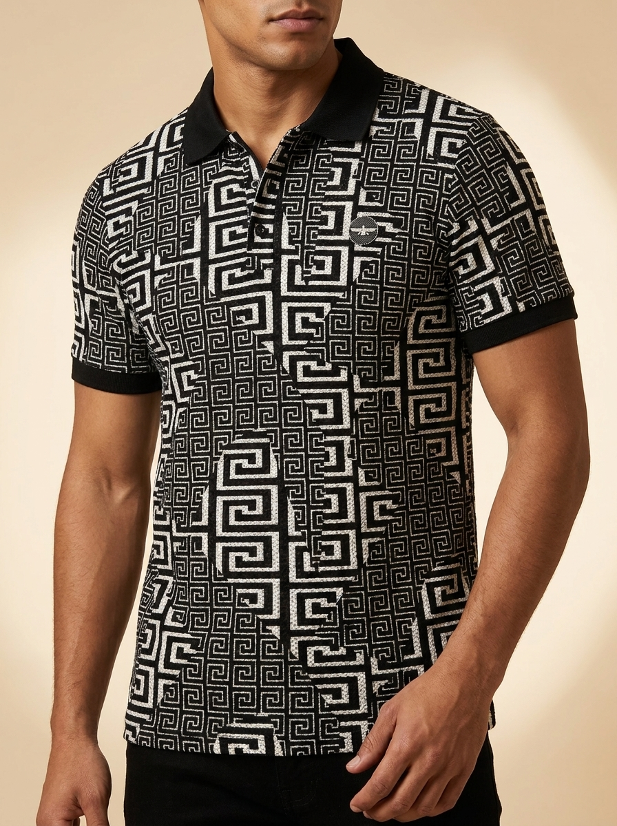 Geometric Greek Key Pattern Men's Polo Shirt in Black and White #5PO7