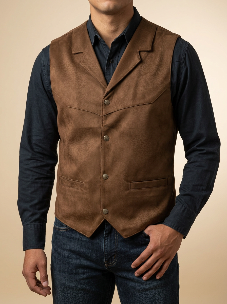 Classic Brown Faux Suede Western Vest with Lapel #SCMV7100
