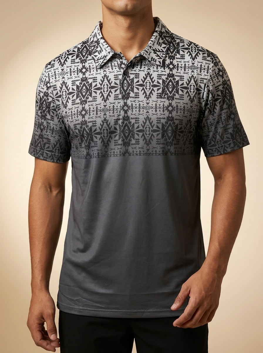 Geometric Aztec Print Charcoal Performance Polo Shirt #HP034AZGY
