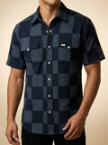 Navy Horseshoe Print Short Sleeve Western Pearl Snap Shirt #FPS1002566