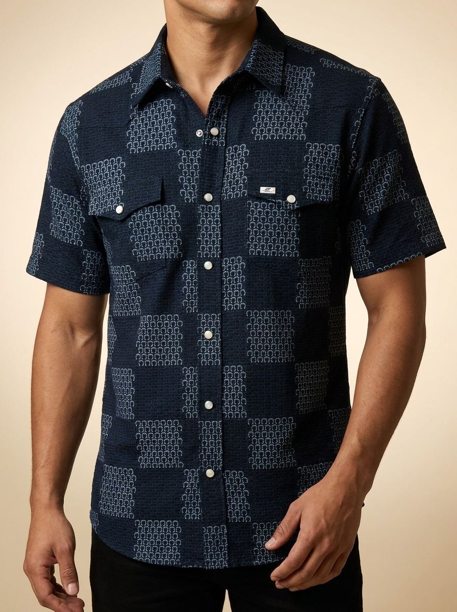 Navy Horseshoe Print Short Sleeve Western Pearl Snap Shirt #FPS1002566