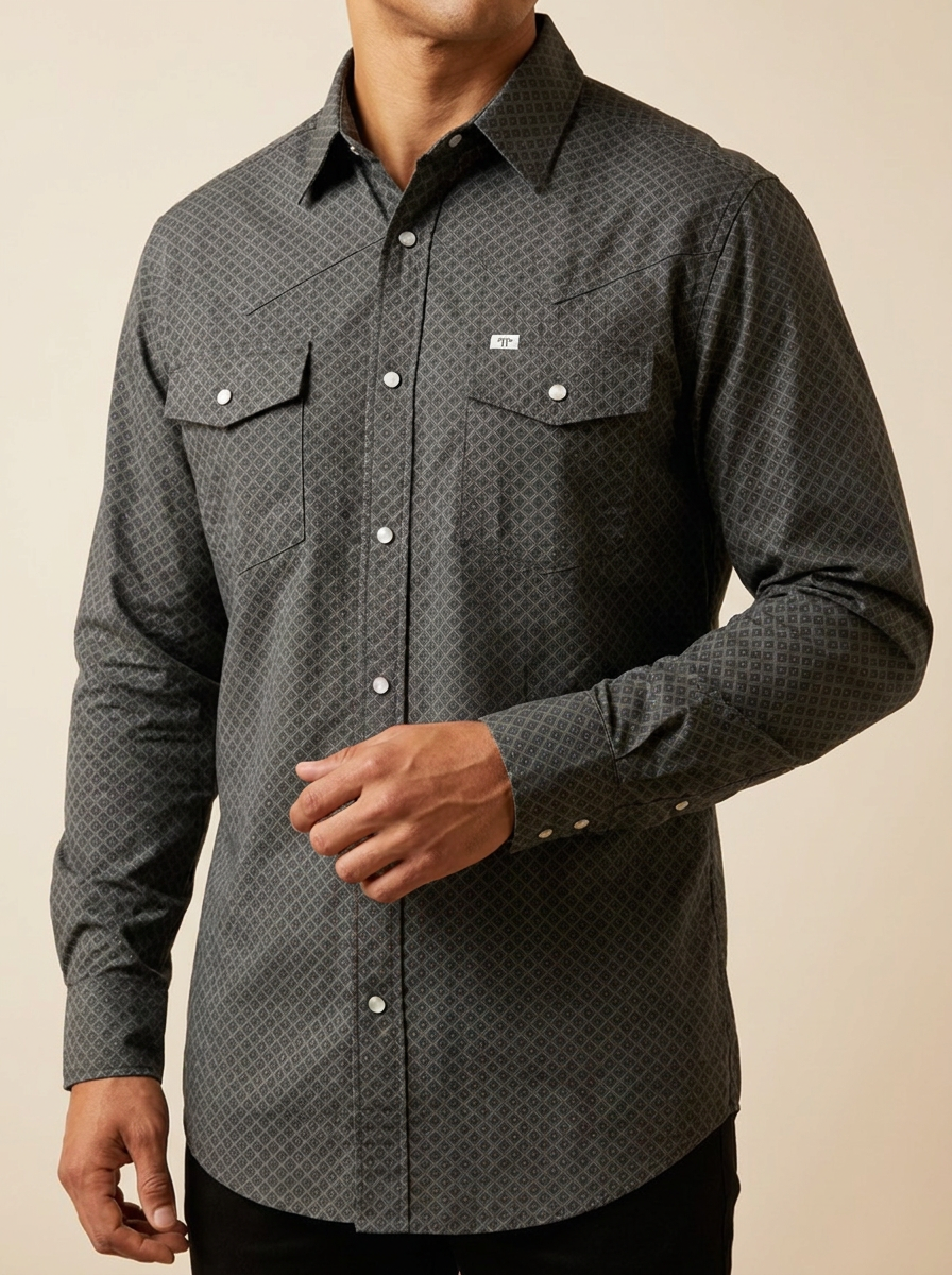 Geometric Print Charcoal Western Pearl Snap Shirt #FPL1002350