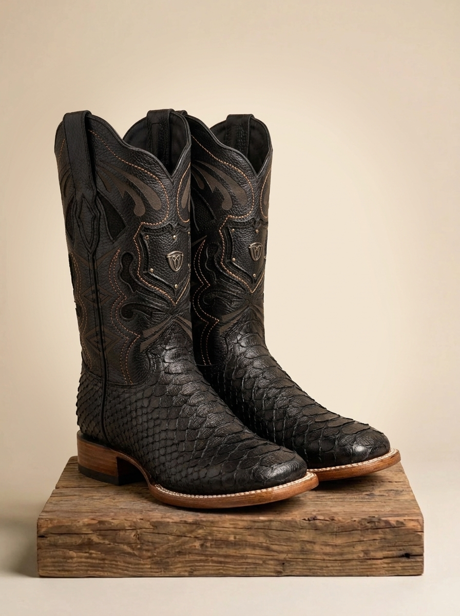 Arles Shoes Mamba-A Genuine Python Western Boots in Matte Black