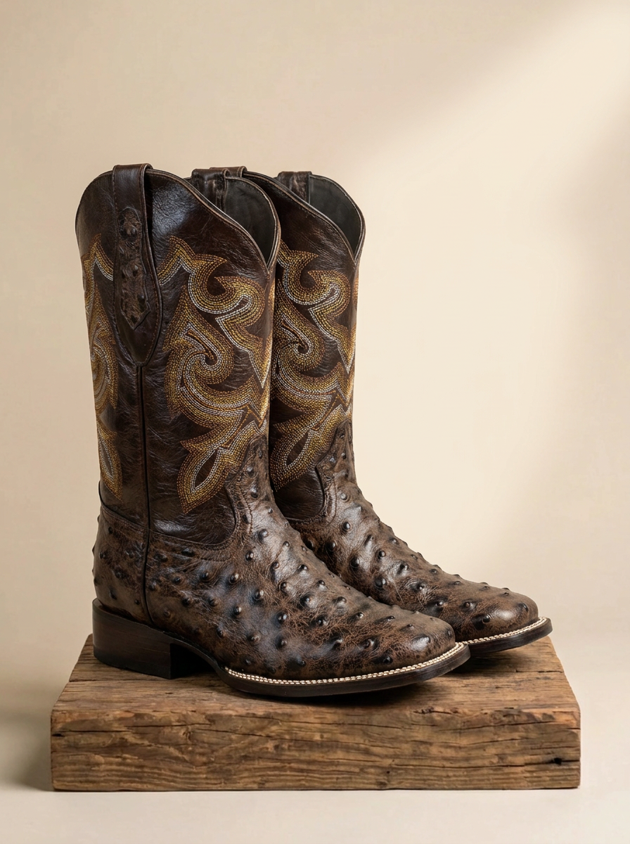 Arles Boots JB701-A Full Quill Ostrich Western Boots in Distressed Brown