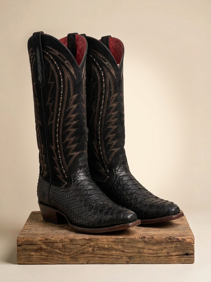 Arles Shoes RC1521 Black Python and Suede Western Boots