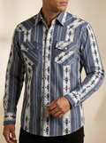 The America West Men's Steel Blue Aztec Stripe Pearl Snap Shirt #141MSF/25