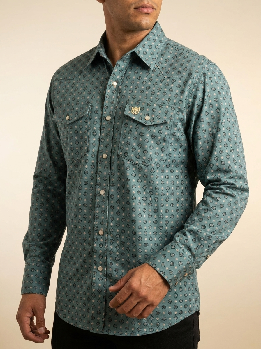 The American West Teal Geo-Print Western Snap Shirt #144MSF/25