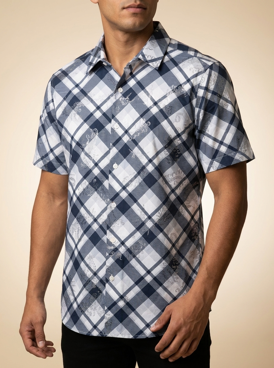 Montero Short Sleeve Blue & White Plaid Western Shirt #MT4054