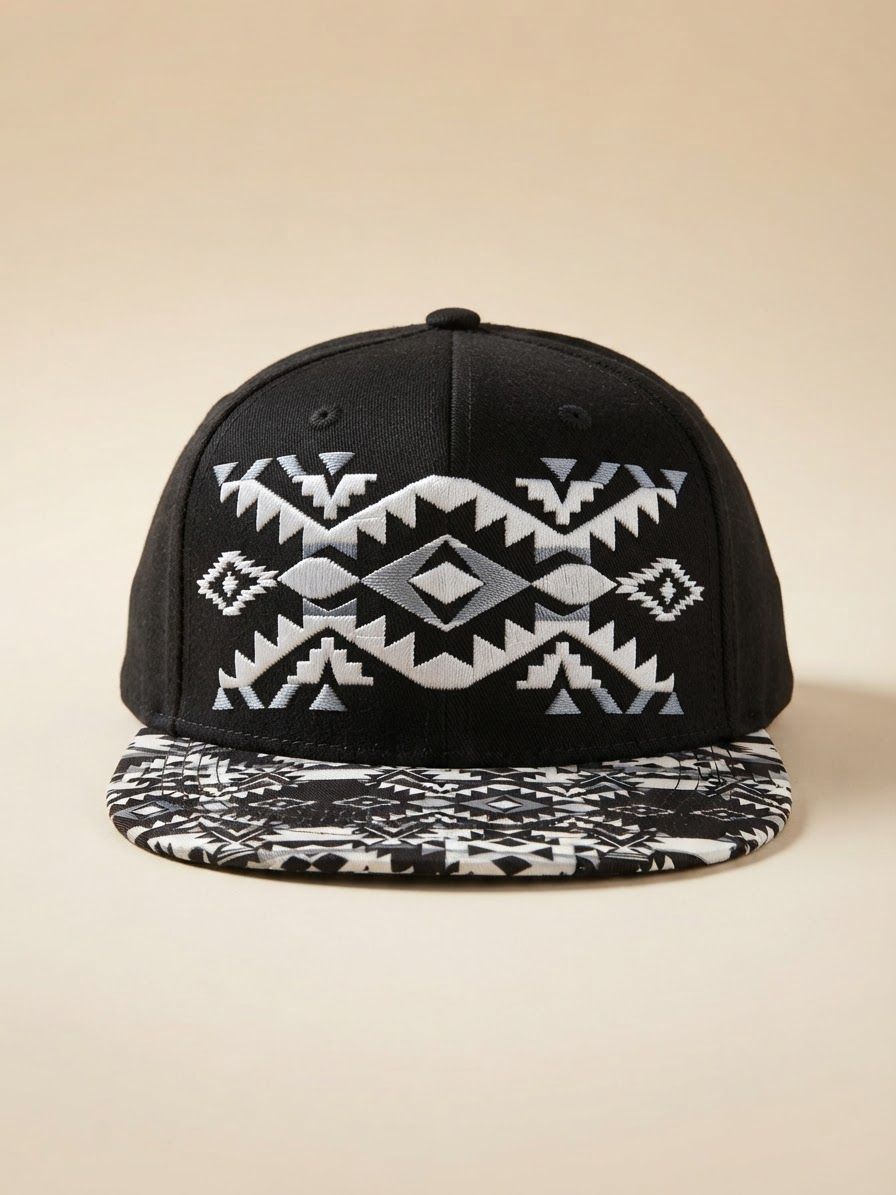 Nu Trendz Signature Native Pattern Flat-Brim Cap in Black and Grey #47