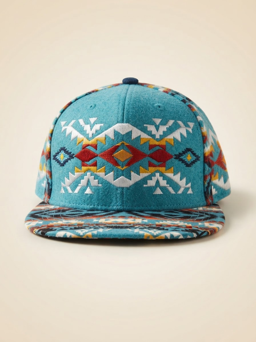 Nu Trendz Turquoise Southwest Geometric Embroidered Flat Brim Cap #48