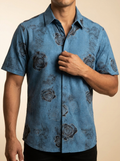 Montero Short Sleeve Faded Blue Western Shirt with Rose Print #MT4051