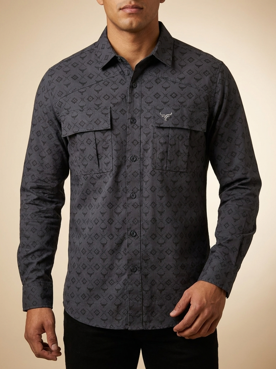 Lamasini Charcoal Grey Geometric Bull Head Print Western Shirt #LAM2052