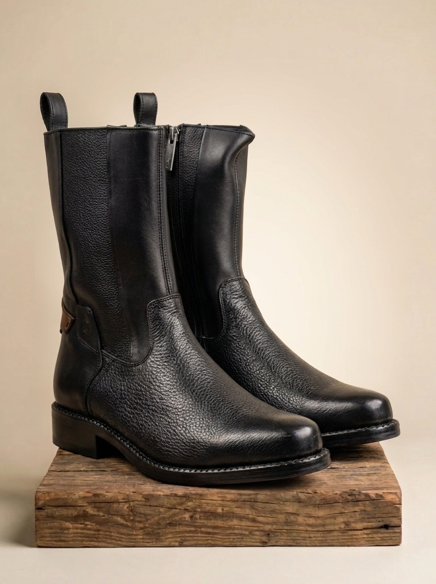 Franco Cuadra Black Pebbled Leather Zip-Up Western Boots #FC659