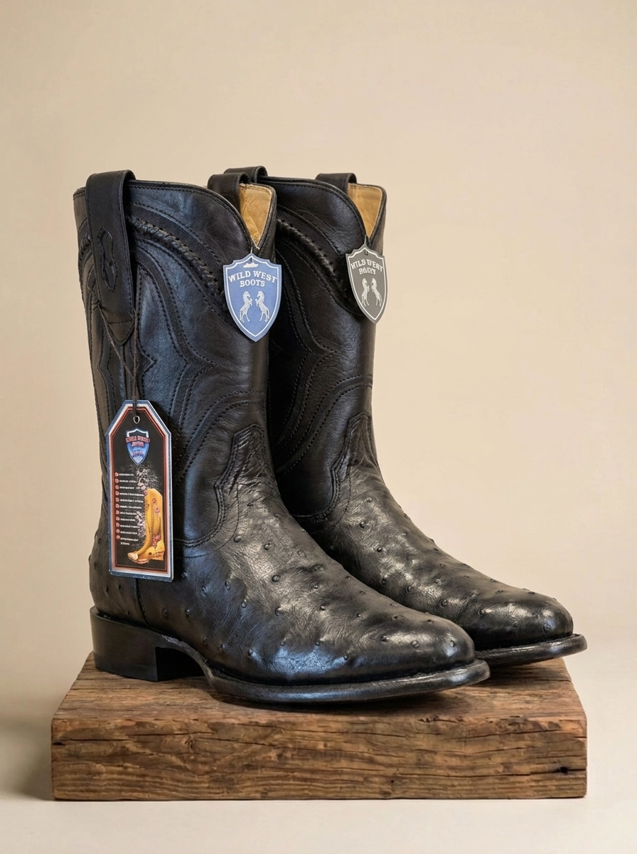 Wild West Boots Men's Black Full Quill Ostrich Western Boots #69I