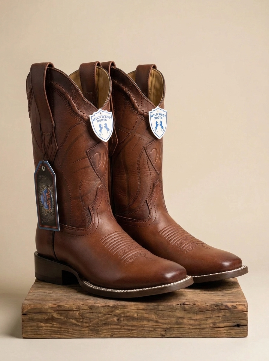 Wild West Boots #84LH Cognac Leather Western Square Toe Boots