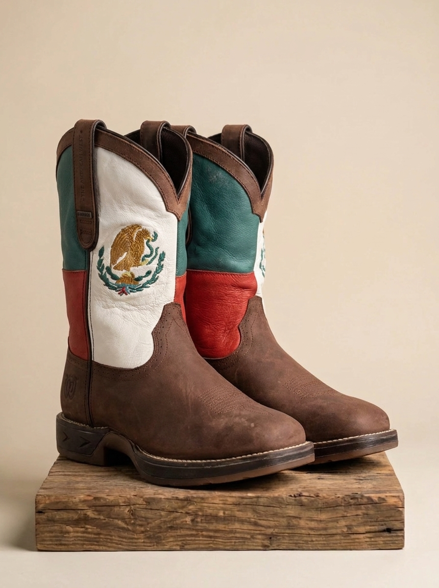 Men's Distressed Leather Western Boots with Flag Embroidery #P-W107C
