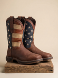 Men's Distressed Leather Western Boots with Flag Embroidery P-W107S