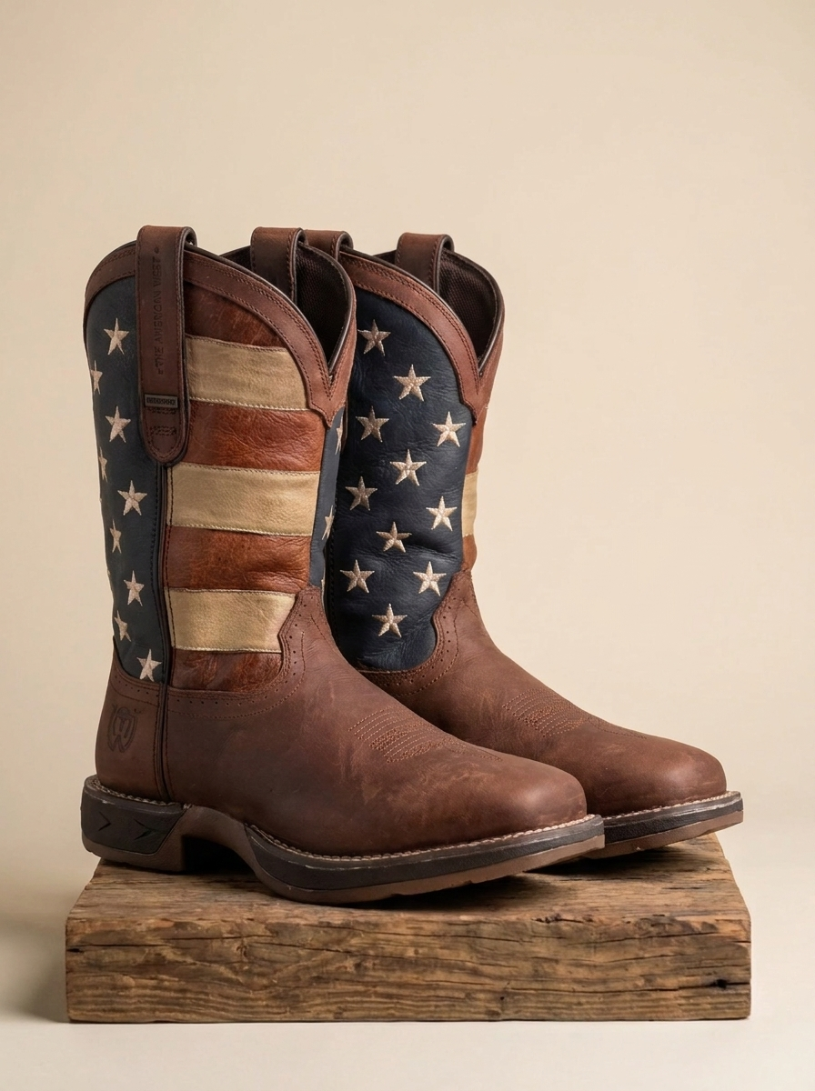 Men's Distressed Leather Western Boots with Flag Embroidery P-W107S
