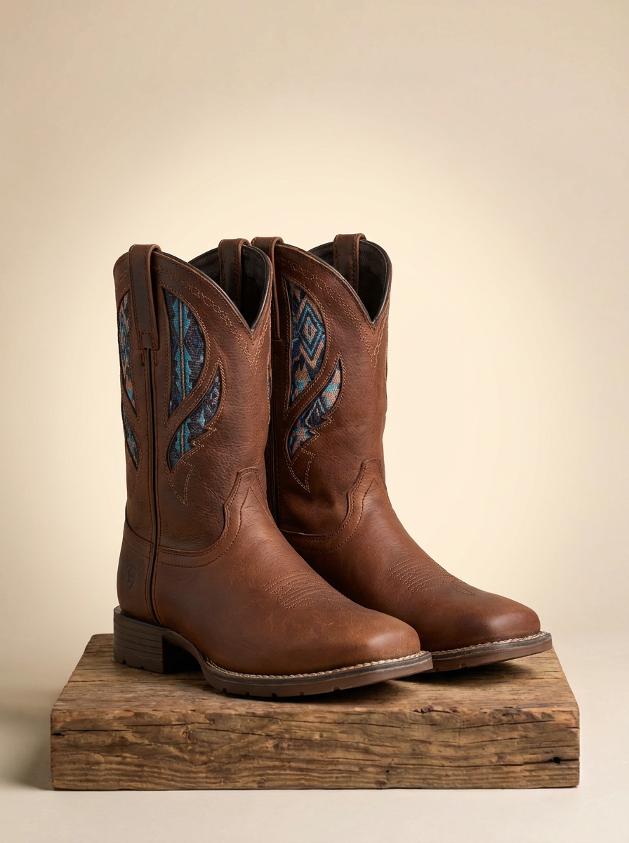 The American West Brown Leather Boots with Inlaid Southwestern Textile P-W130S