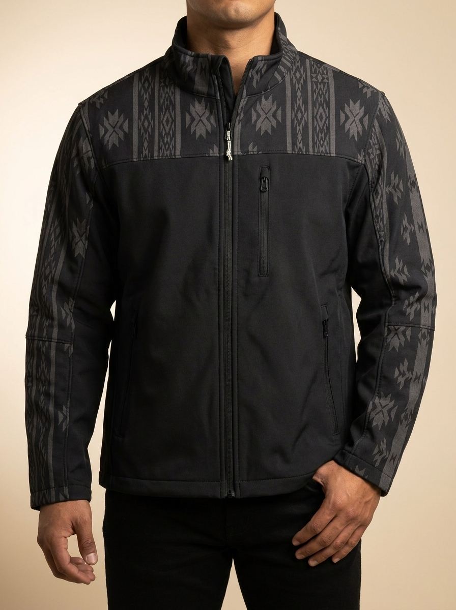 Men's Black Softshell Performance Jacket with Aztec Print Trim #HJ2669BKAZ