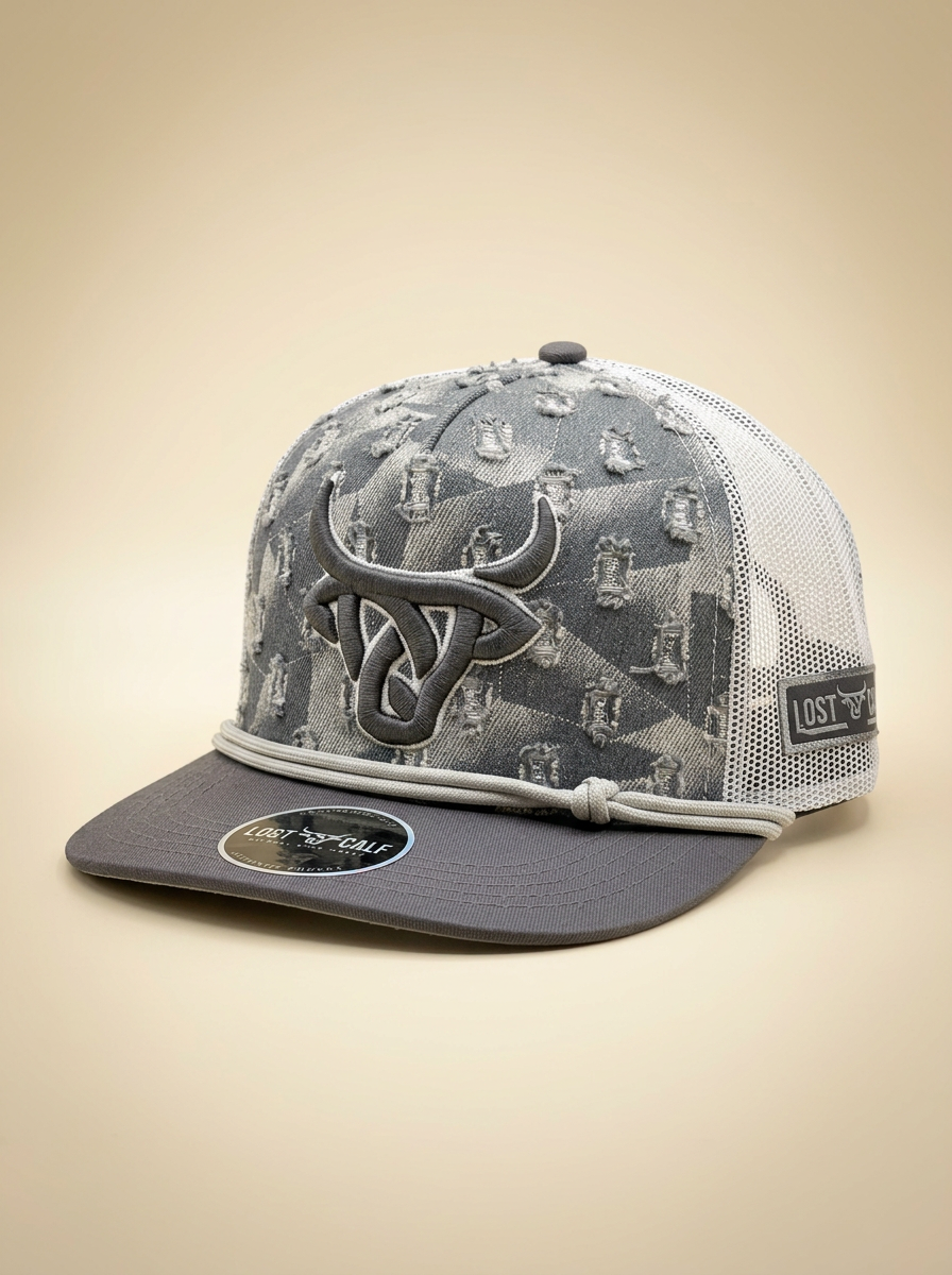 Lost Calf #1 Gray Distressed Trucker Cap with Embroidered Bull Logo