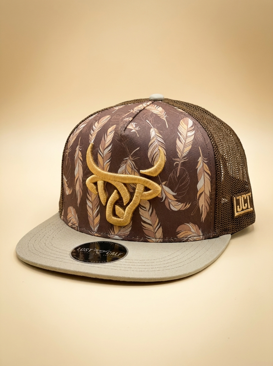 Lost Calf #4 Brown Feather Mesh Back Trucker Hat