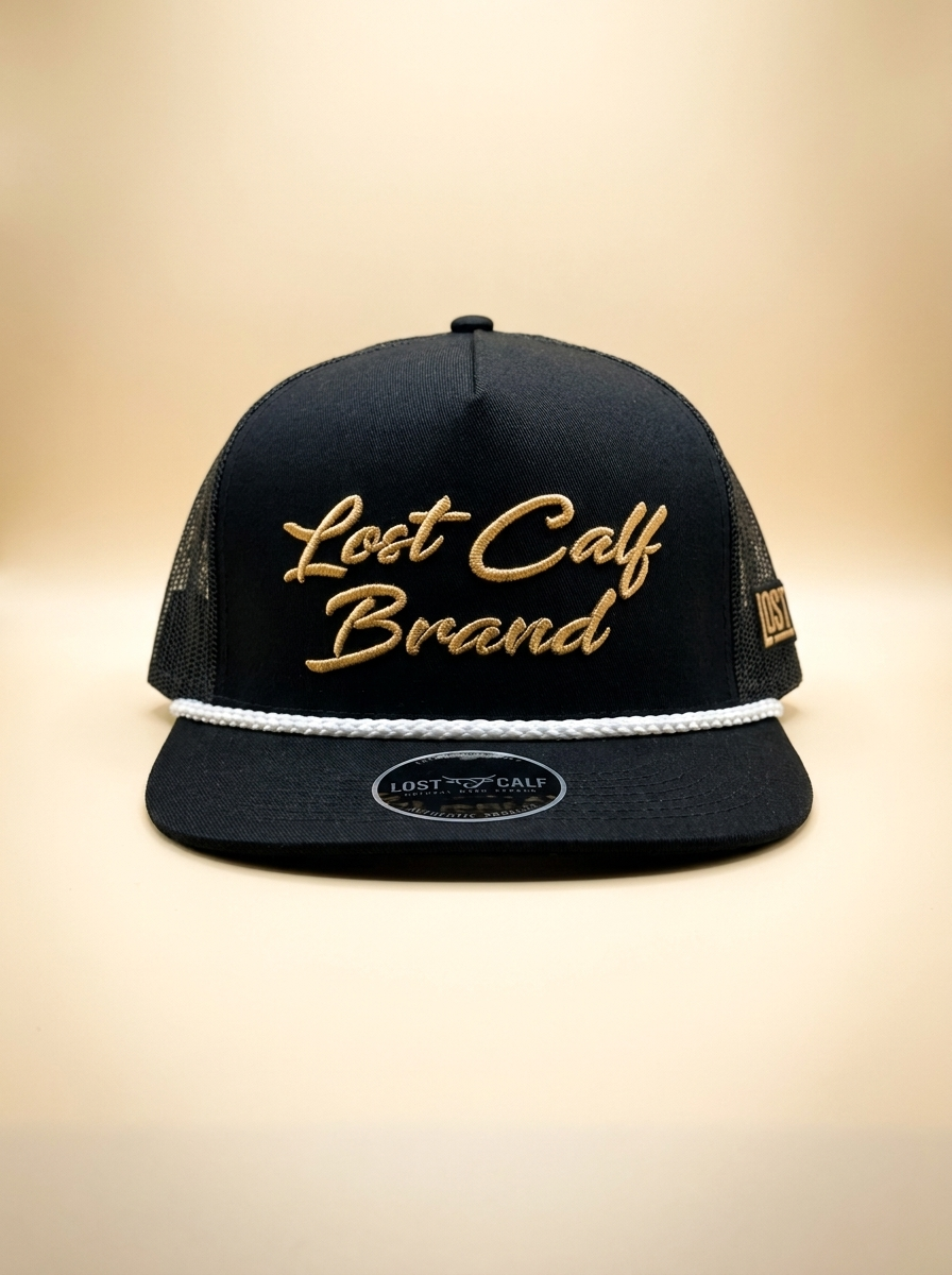 Lost Calf Brand Script Rope Trucker Hat in Black and Gold #5